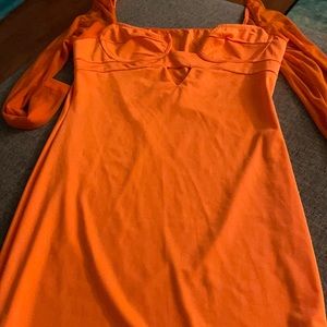 Neon orange mega sleeve mini dress